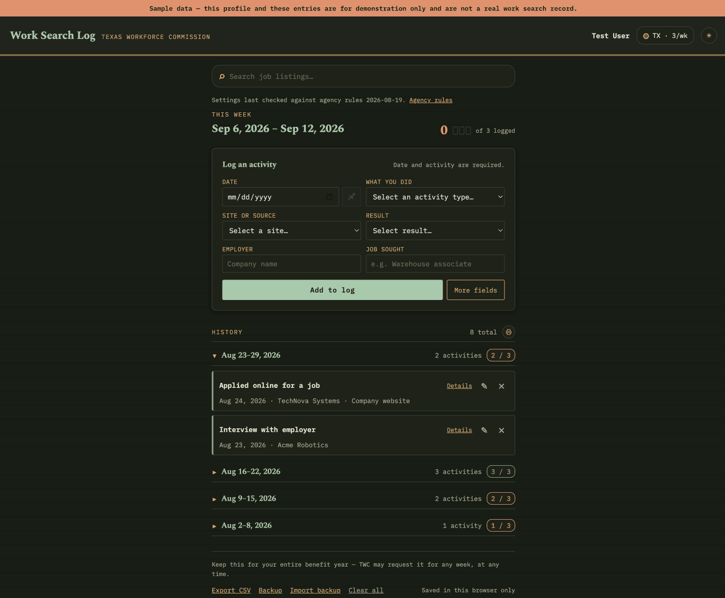 Work Search Log's main view: this week's activity count, a form to log a new activity, and a collapsible history grouped by week.